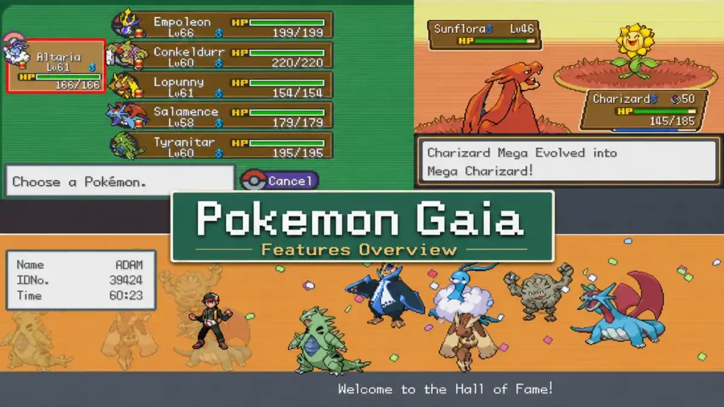 Pokemon Gaia features overview with Mega Evolution and Hall of Fame screenshots