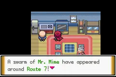 Pokemon Unbound swarm event showing Mr Mime appearing around Route 7