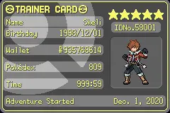 Pokemon Unbound trainer card showing player stats, Pokedex progress, wallet, ID number, and playtime