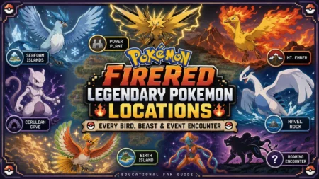 Articuno, Zapdos, Moltres and Mewtwo in Pokémon FireRed