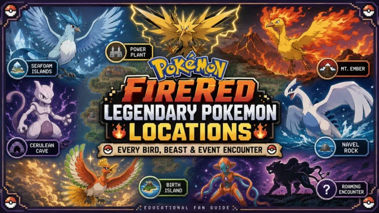 Pokemon FireRed legendary Pokemon locations with Articuno, Zapdos, Moltres, Mewtwo, and event encounters