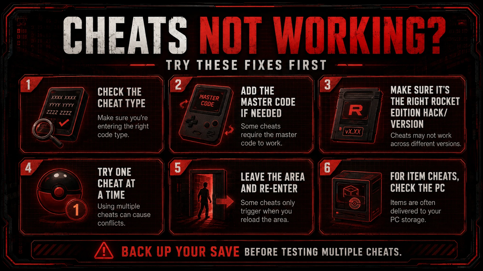 Pokemon FireRed Rocket Edition cheats troubleshooting guide with common fixes