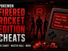 Pokemon FireRed Rocket Edition cheats cover image with Rare Candy, Master Ball, money, and encounter codes