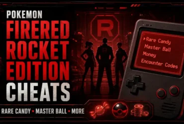Pokemon FireRed Rocket Edition cheats cover image with Rare Candy, Master Ball, money, and encounter codes