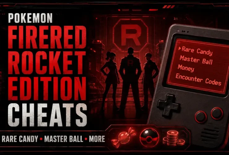 Pokemon FireRed Rocket Edition cheats cover image with Rare Candy, Master Ball, money, and encounter codes