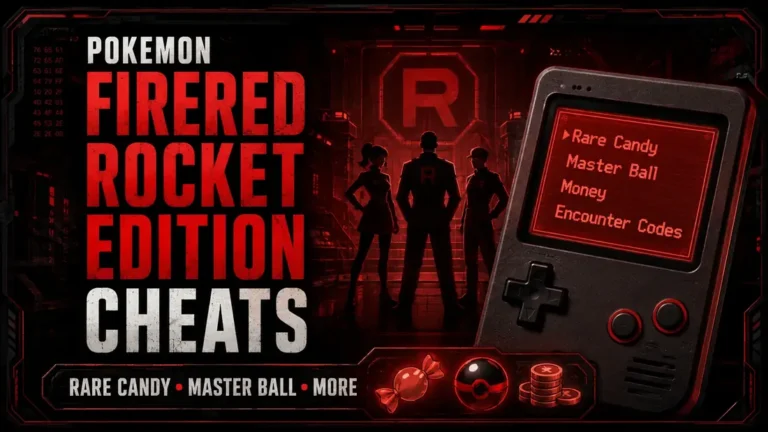 Pokemon FireRed Rocket Edition cheats cover image with Rare Candy, Master Ball, money, and encounter codes