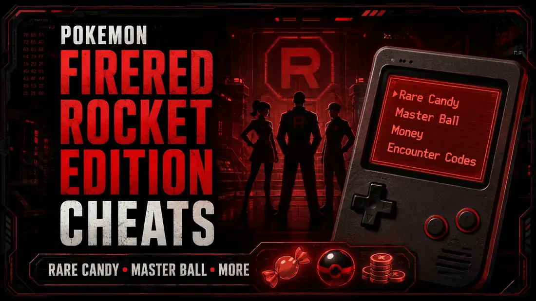 Pokemon FireRed Rocket Edition cheats cover image with Rare Candy, Master Ball, money, and encounter codes