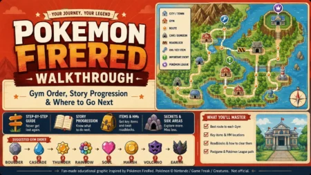 Pokémon FireRed walkthrough graphic with a story map and the suggested gym order