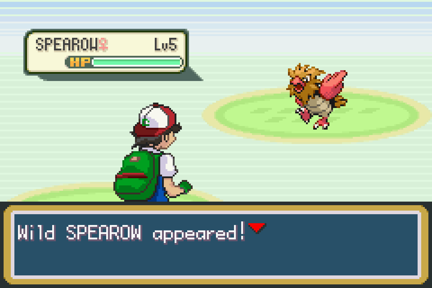 Battle screen reading "Wild Spearow appeared!", with a level 5 Spearow facing the player's trainer sprite.