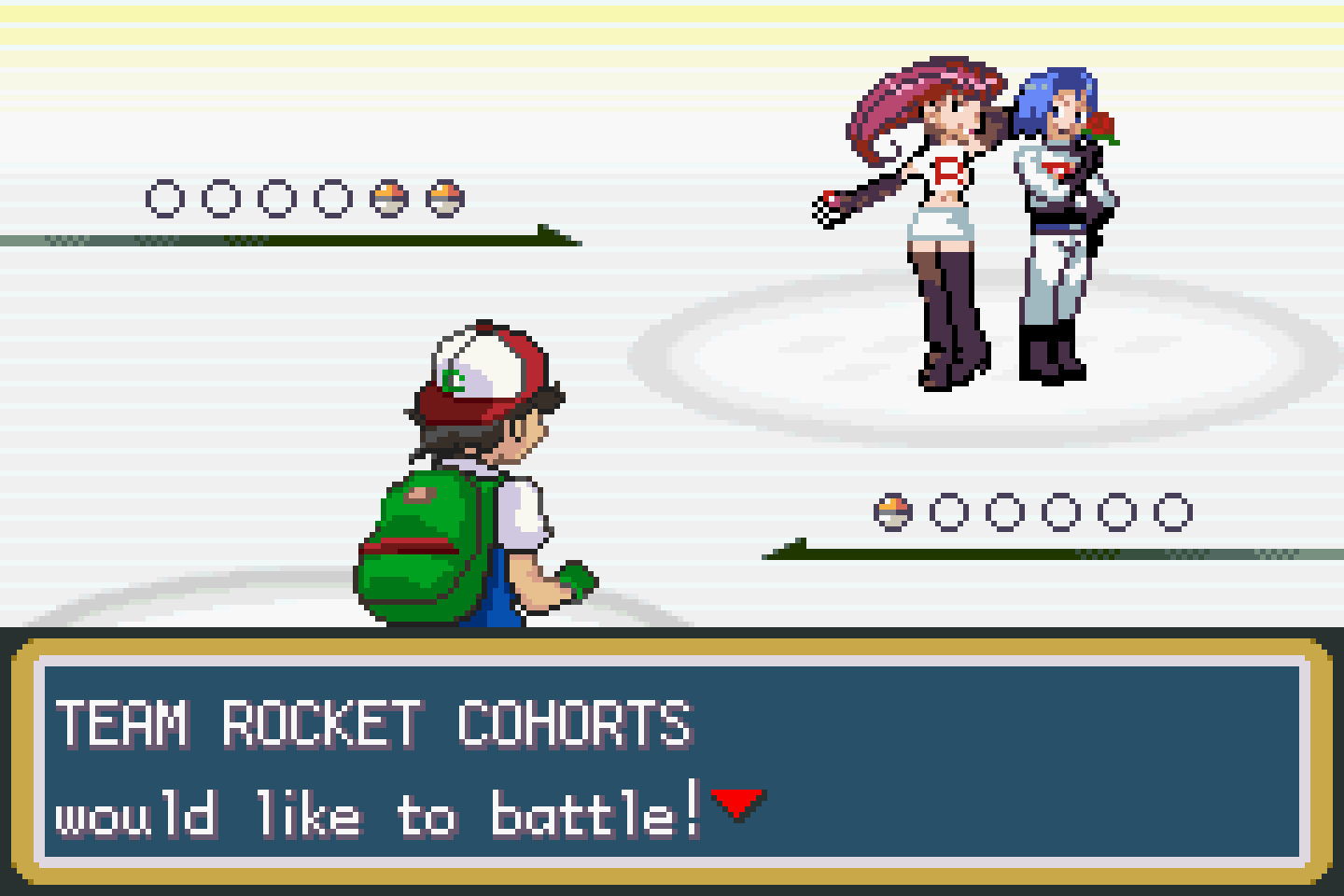 Battle intro reading "Team Rocket cohorts would like to battle!", with Jessie and James on the opposing side facing the player's trainer sprite.