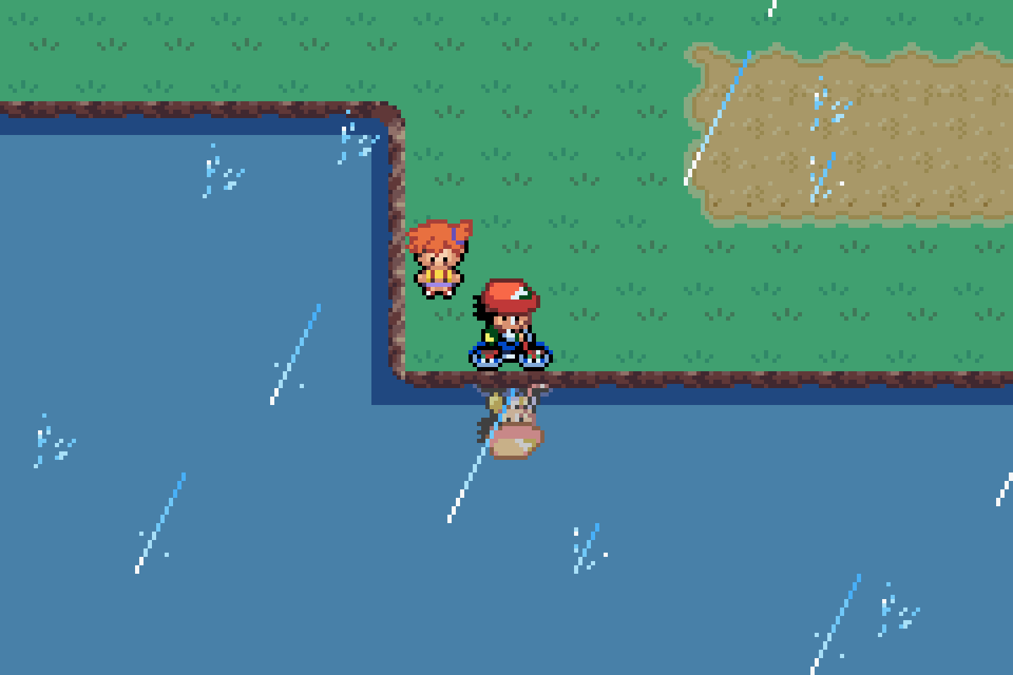 The player character on a bicycle at the edge of a lake, beside Misty, with Pikachu in the water below and rain falling.