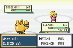 Fire Red Omega battle screen with a level 5 Elekid facing a level 5 Smoochum and the FIGHT, BAG, POKEMON, RUN menu