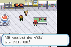 Fire Red Omega dialogue box reading "ASH received the MAGBY from PROF. OAK!" inside Oak's lab