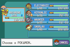 Fire Red Omega party menu listing Arcanine, Electabuzz, Hitmonlee, Haunter and Snorlax with their levels and HP
